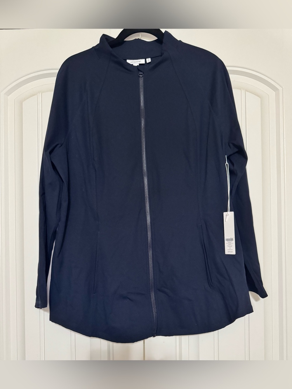 Chico's Zenergy UPF Knit Seamed Full Zip Navy Jacket Size 3